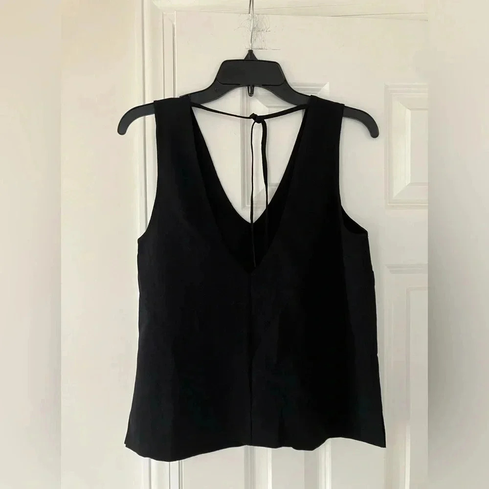 NWT Ganni Women's Tie Back V-Neck Tank Top Heavy Crepe Black Top (34) - Picture 4 of 6